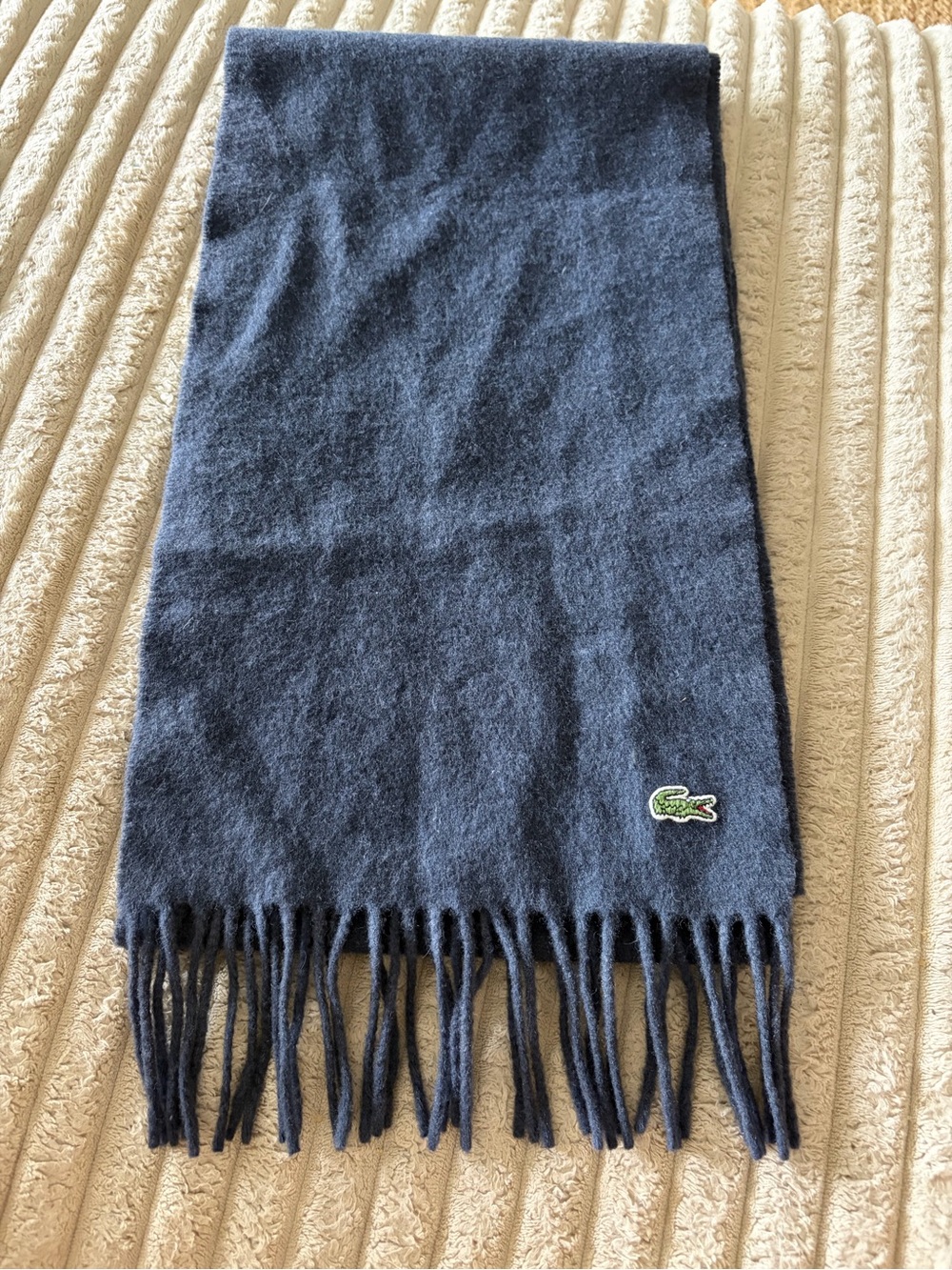 Lacoste Men's Dark Blue Fringe Wool/cashmere Scarf with Crocodile Patch